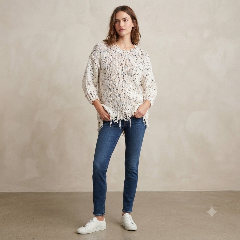 NWT ANDTHEWHY Los Angeles Edgy Boho Confetti Knit Distressed Sweater Cream M/L‎